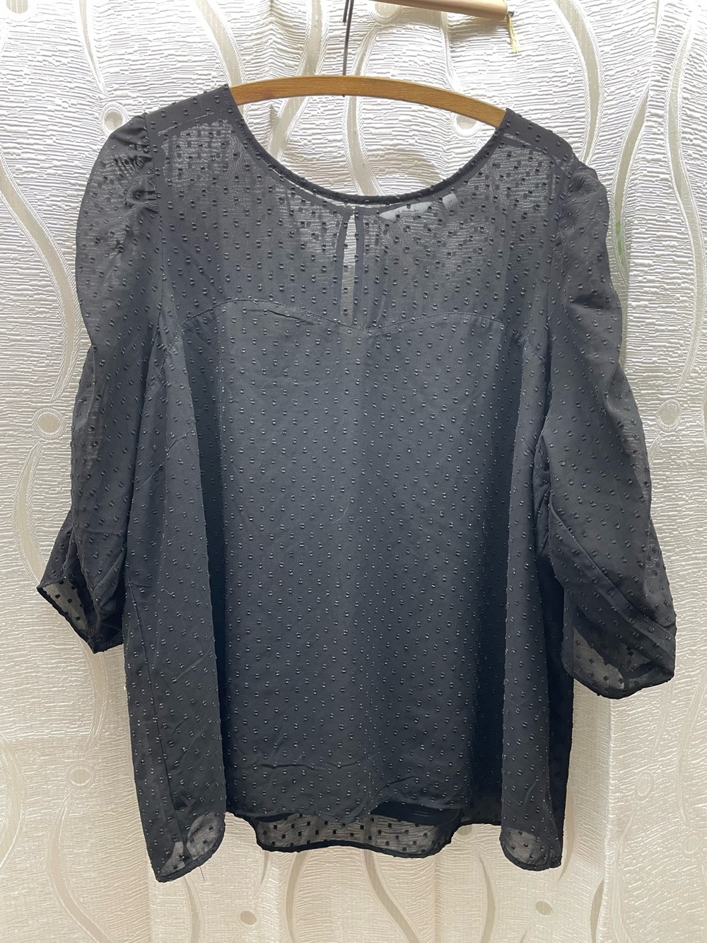 Reitmans Swiss Dot Blouse Womens 2X Black Excellent Ruched 3/4 Sleeve Keyhole